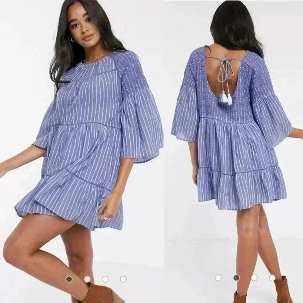 Free People Lola Embroidered Blue and White Striped Ruffle Mini Dress Size M